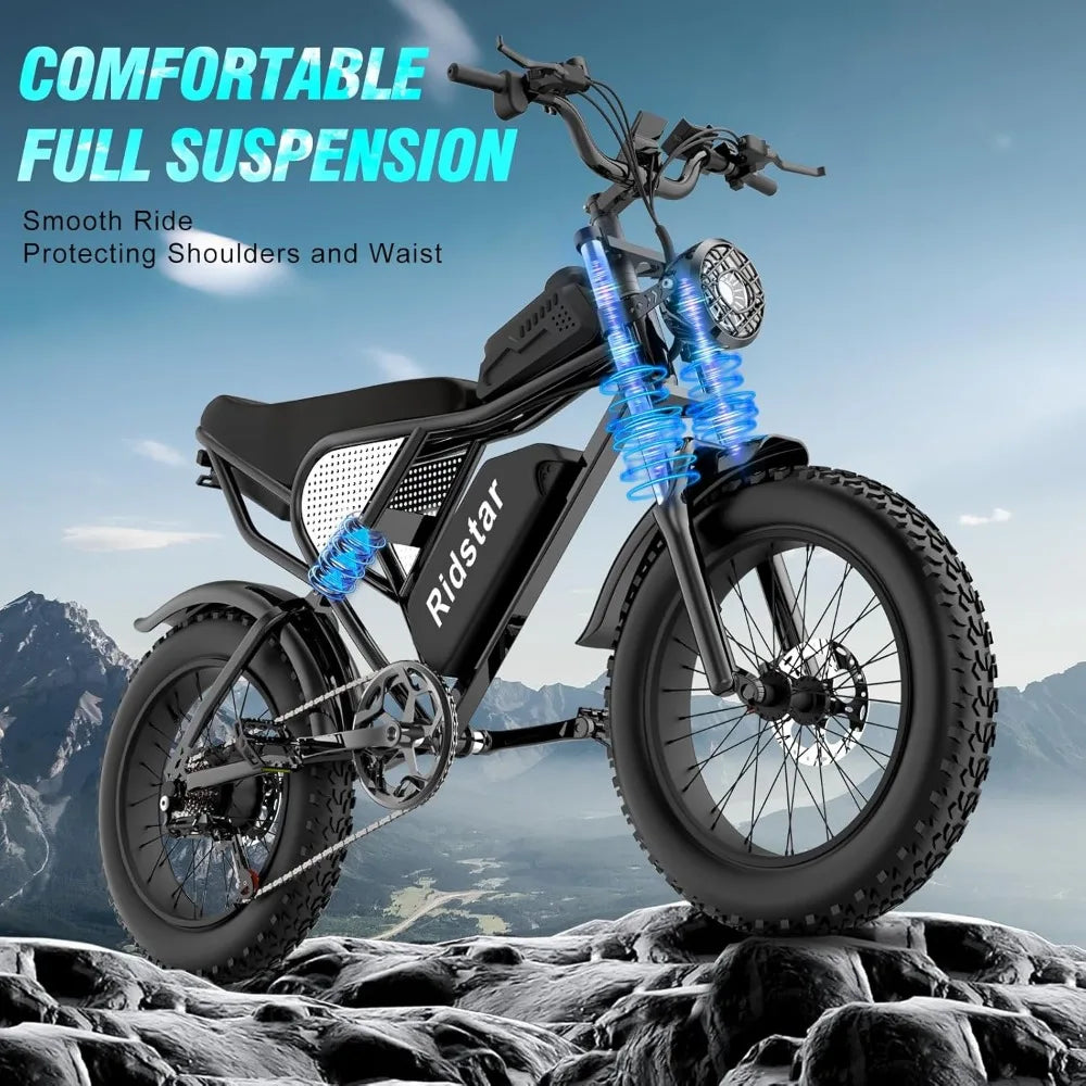 Electric Bike, 2000/1500W, 37/30MPH,52V 40AH,48V/20AH E-Bike, 30-180 Miles Electric Motorcycle, 20" Fat Tire Dirt Bikes