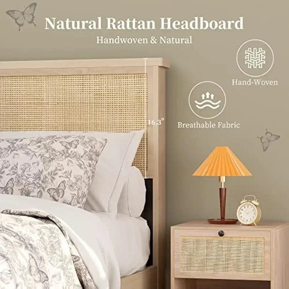 with Natural Rattan Headboard and Wooden 4 Storage Drawers,Metal Platform with Strong Wooden Slats Support,No Box Spring Needed