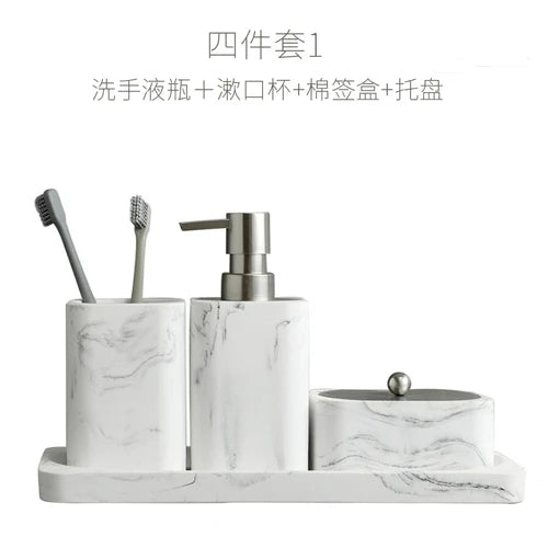 Bathroom Four Piece Set Resin Marble Bathroom Set Wash Sets Lotion Bottle Mouthwash Cup Cotton Swab Box Tray Soap Dispenser