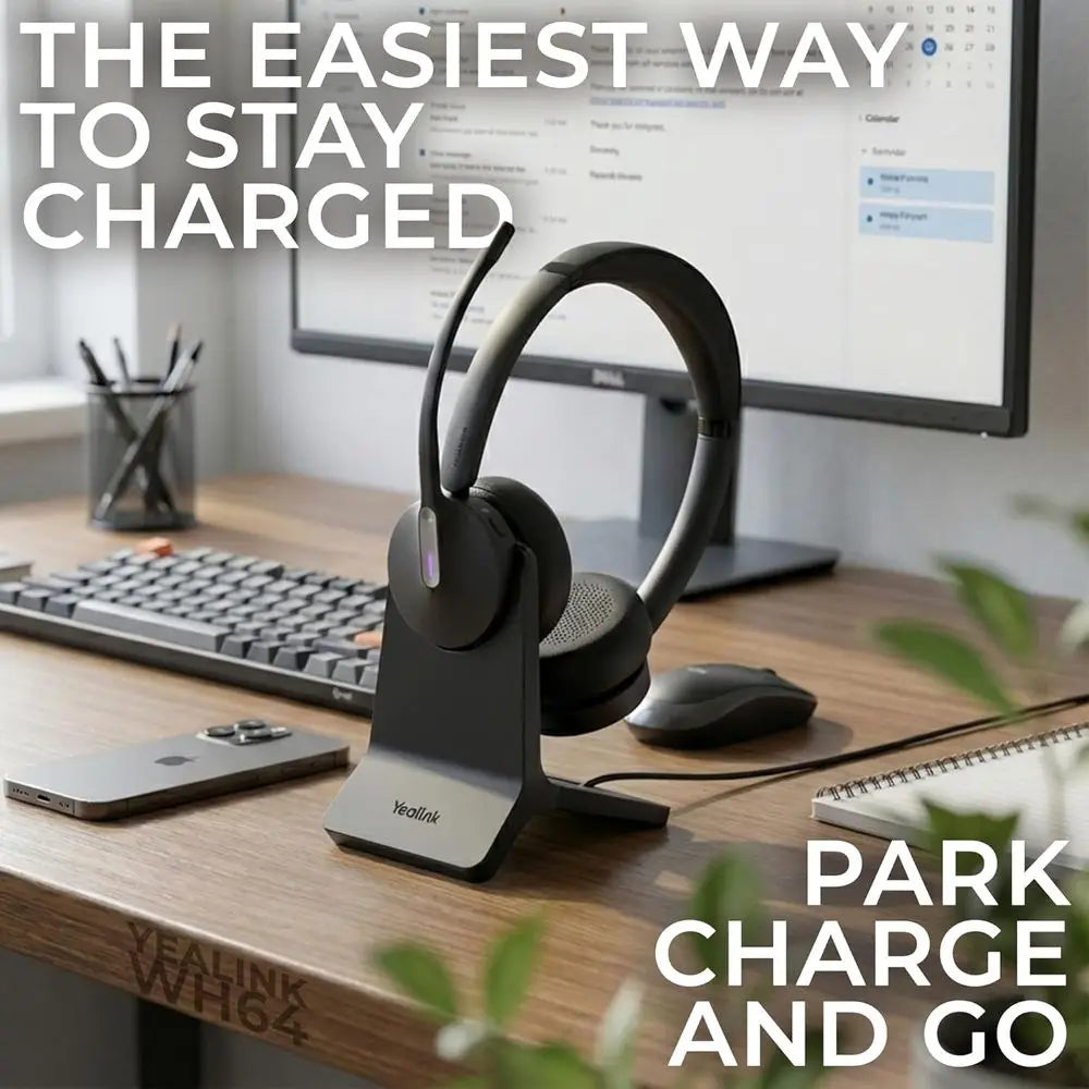 Yealink WH64 DECT & Bluetooth Wireless Headset with Charging Dock, Teams-Optimized, Compatible with PC, Laptop, Mobile, USB-C, 1