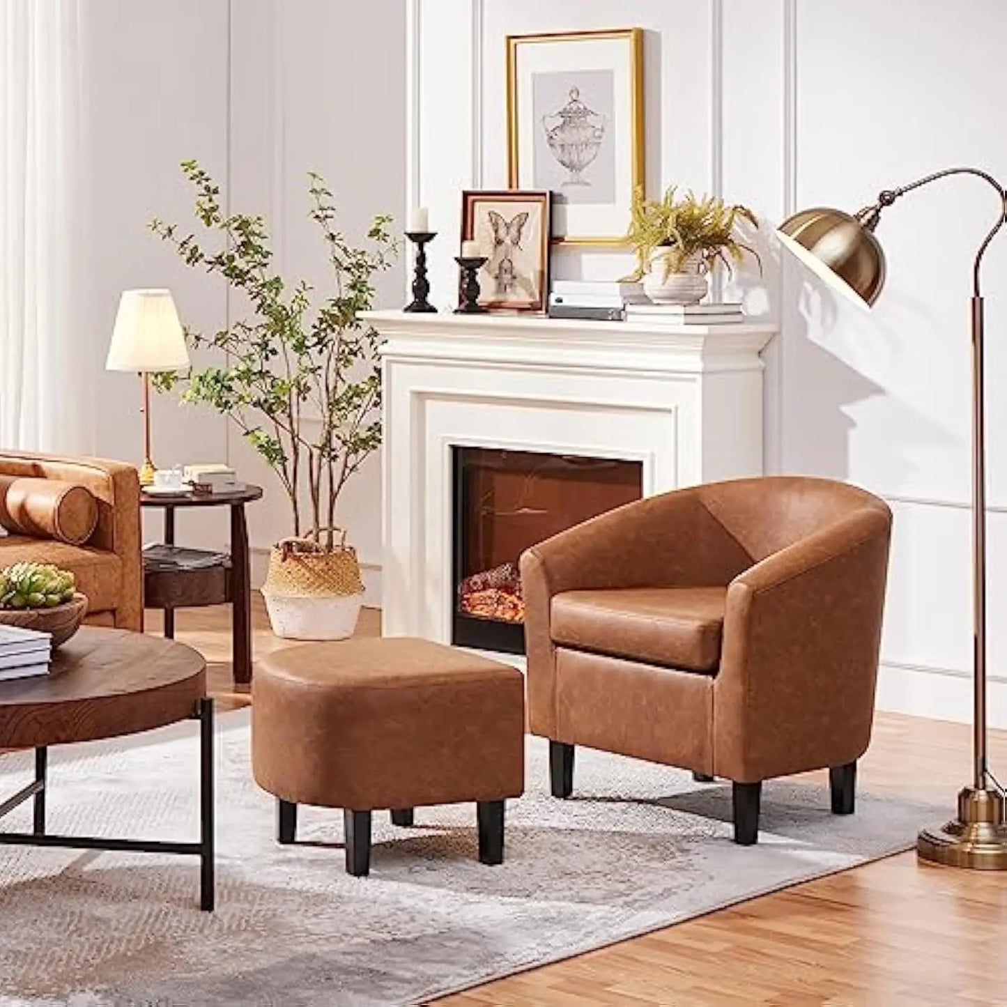 Accent Chair with Ottoman Footstool, PU Leather Modern Upholstered Soft Barrel Chair, Comfy Club Armchair and Footrest Set for