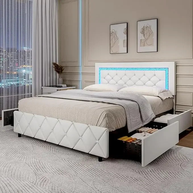 Full Size Bed Frame with LED, Storage Drawers, Princess Platform Bed with Diamond Headboard and Footboard, Upholstered Bed Frame