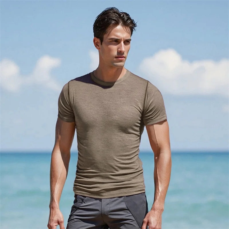 Men s Reversible Round Neck Short Sleeve T-Shirts with Stitching Detail - Casual  Fit Tops for Summer Fashion