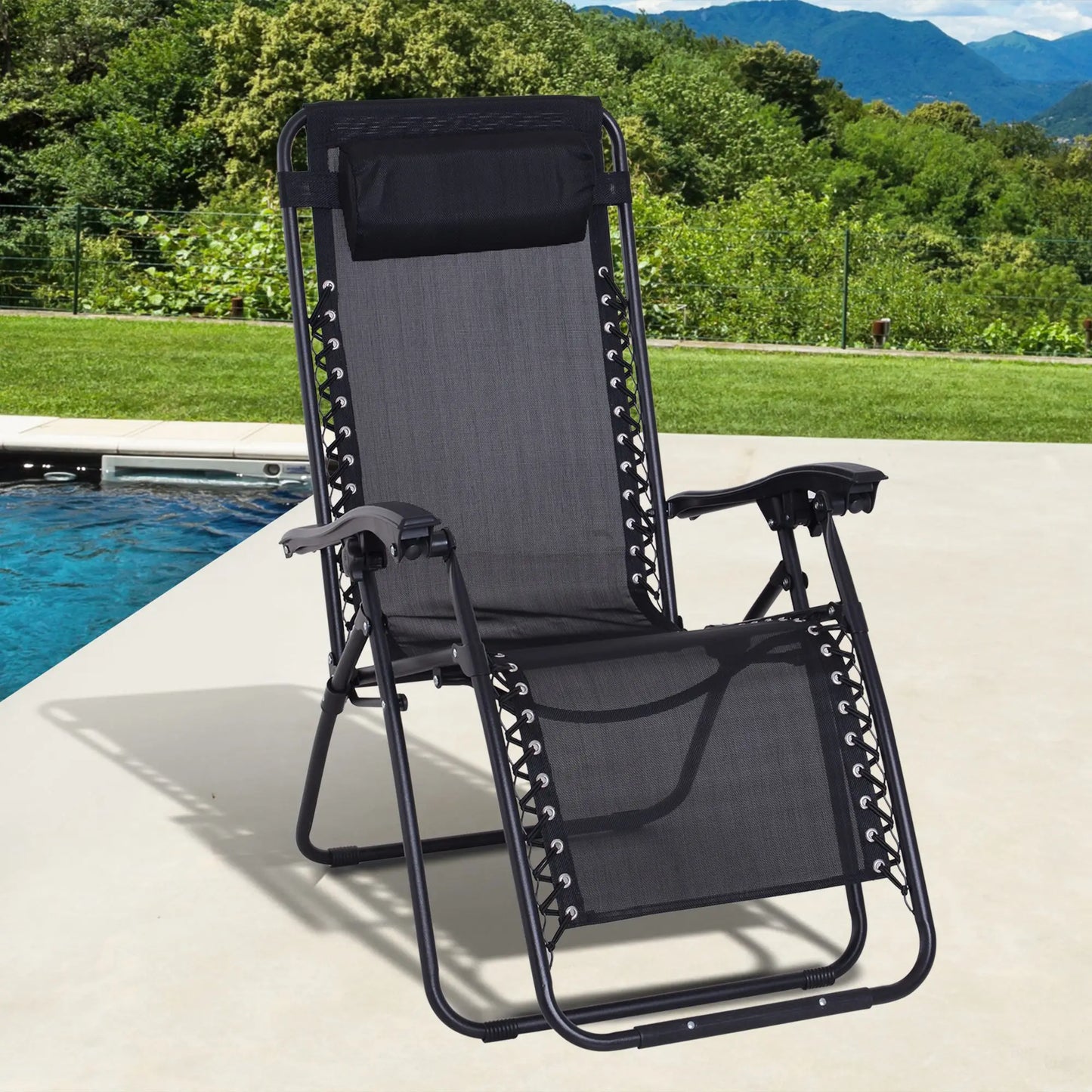Outsunny Zero Gravity Chair Metal Frame Texteline Armchair Outdoor Folding and Reclining Sun Lounger , Black