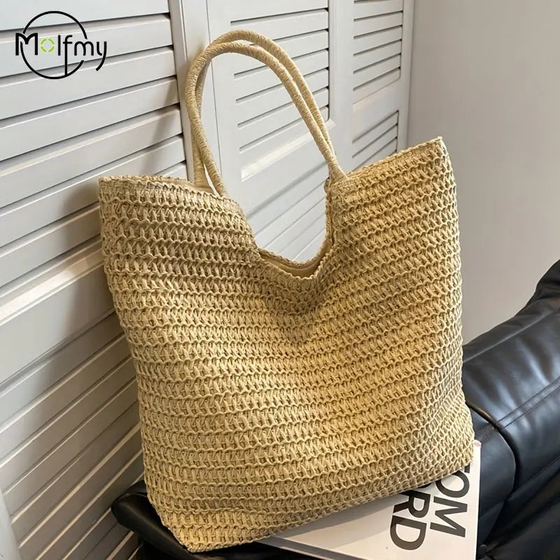 Women Beach Bag Vintage Handmade Woven Shoulder Handbag Retro Straw Shopping Totes Bags Bohemian Ladies Summer Travel Vacation