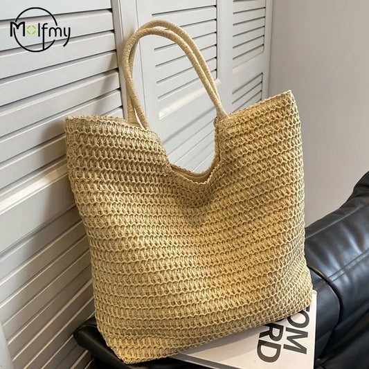 Women Beach Bag Vintage Handmade Woven Shoulder Handbag Retro Straw Shopping Totes Bags Bohemian Ladies Summer Travel Vacation