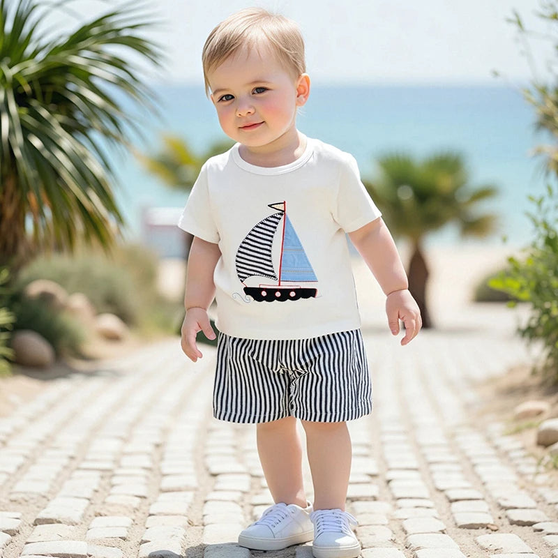 Infant Boy Nautical Theme Outfit with Anchor Applique Short Sleeve Shirt and Striped Shorts Set for Summer Fun