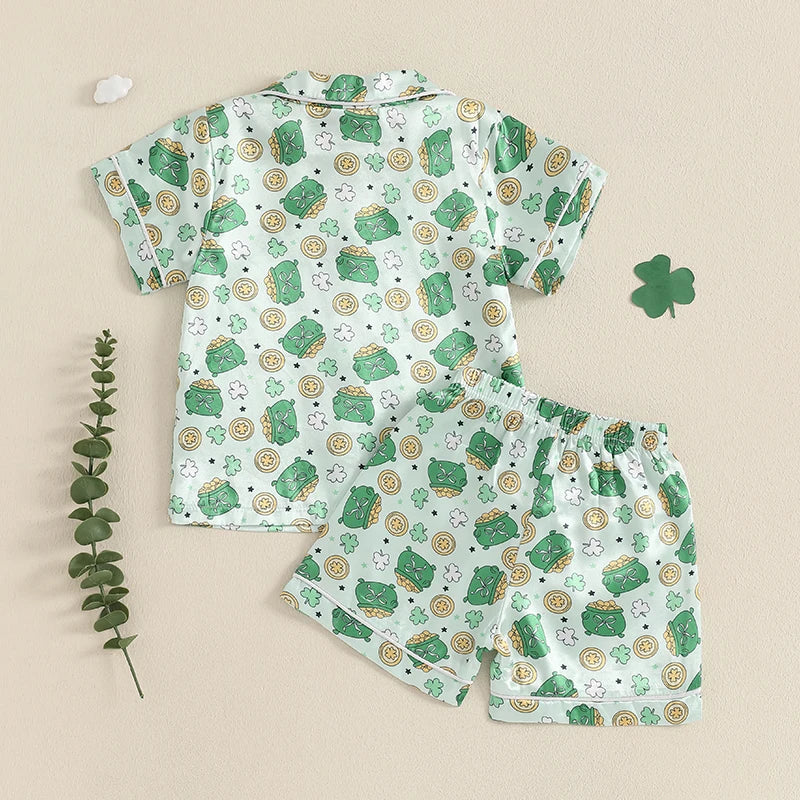 2Pcs Boys Cotton Pajamas Set Summer Sleeveless Dinosaur Print Button Down Shirts and Shorts Set Sleepwear for Kids