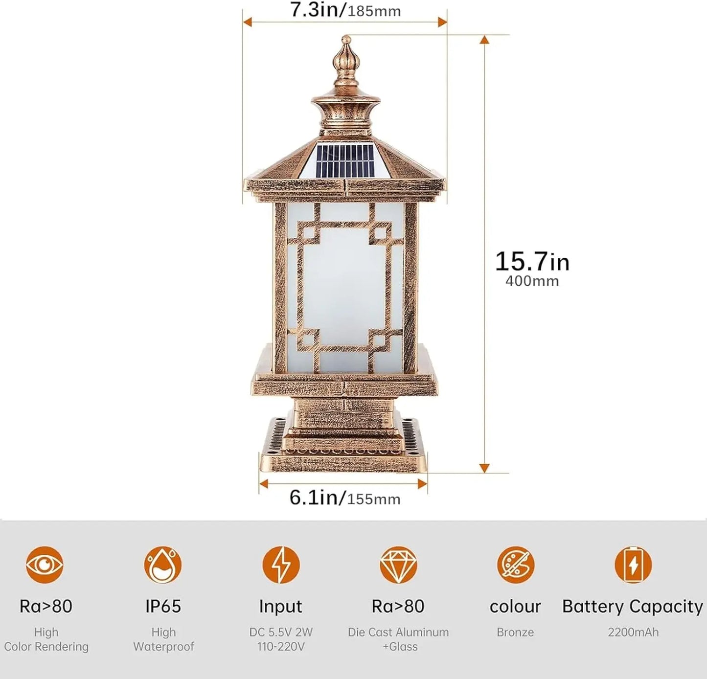 LED Solar Post Light, Aluminum Fence Cap Lamp, Dimmable Waterproof Pillar Light for Garden Yard