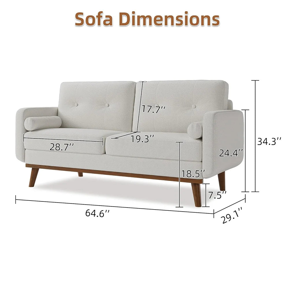 65"Sofa Mid Century Modern Couches for Living Room 2 Seater Deep Seat Couch Linen Upholstered Couch for Bedroom Office