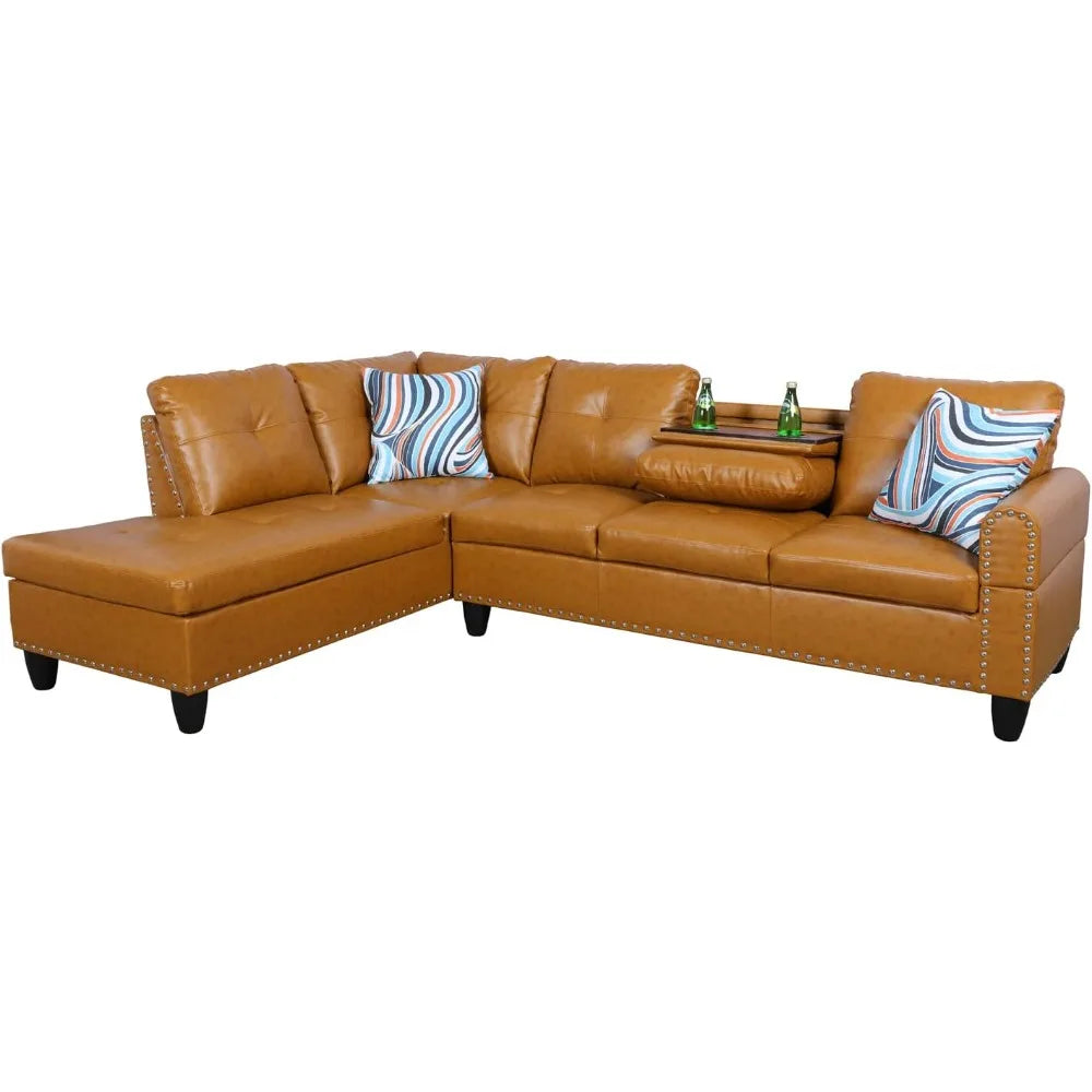 L Shaped Sectional Sofa with Ottoman,Nail-Head Design Leather Right Facing Couches with Cup Holder for Living Room,Office,Ginger