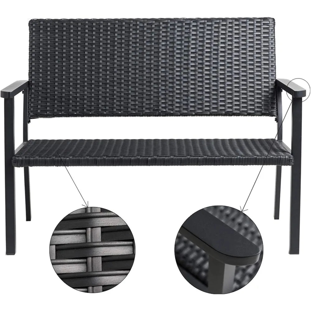 Outdoor Loveseat Bench Chair for Outside Patio Porch, Metal Frame, Black All Weather Wicker