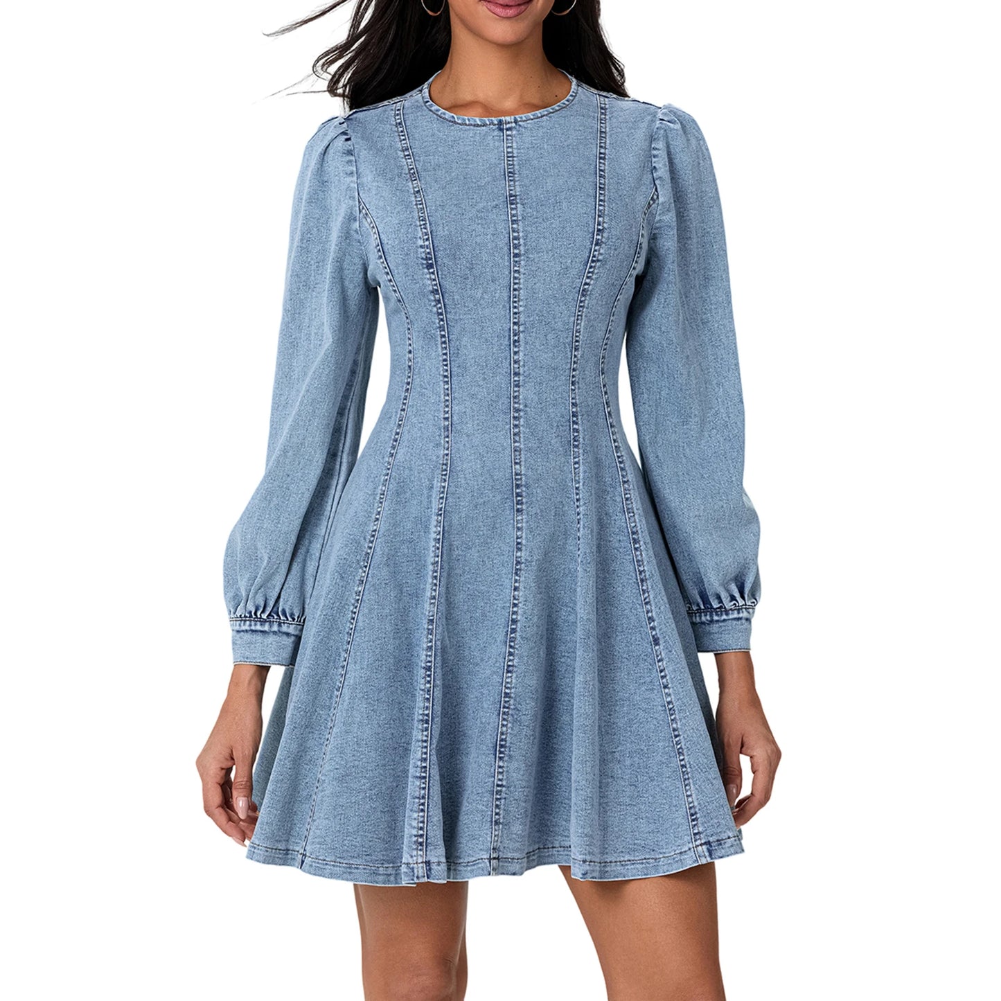 Elegant Women s Fall Denim Dress with Long Sleeves O Neck and Smocked Waist - Stylish A-line Mini Dress in Solid Color