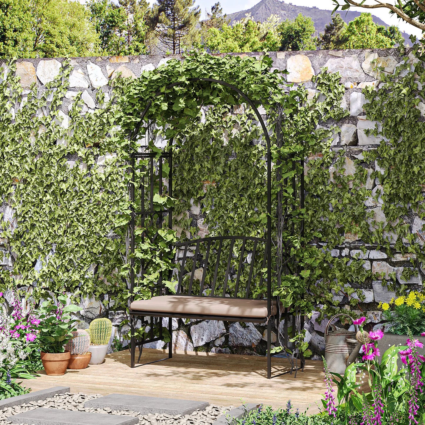 Outsunny Garden Arbor Arch Metal Bench Padded Seat Outdoor Decoration Patio