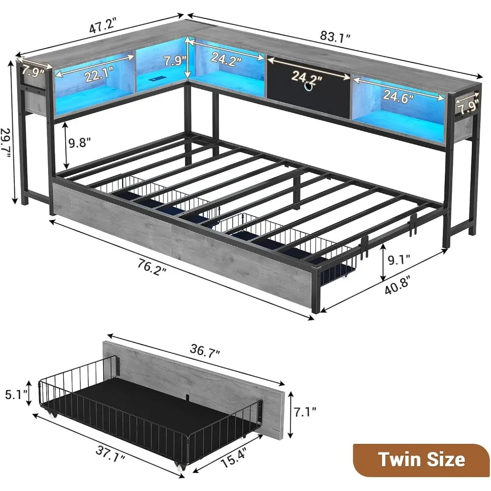 Corner Bed Frame with Storage Bookcase, Twin Daybed with Storage Drawers Underneath, Kids Bed Unit with Charging Station