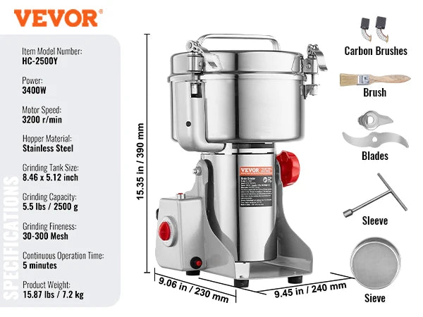 VEVOR 150-2500g Electric Grain Mill Grinder Commercial Swing Spice Grinders for Dry Herbs Grains Spices Cereals Coffee Corn