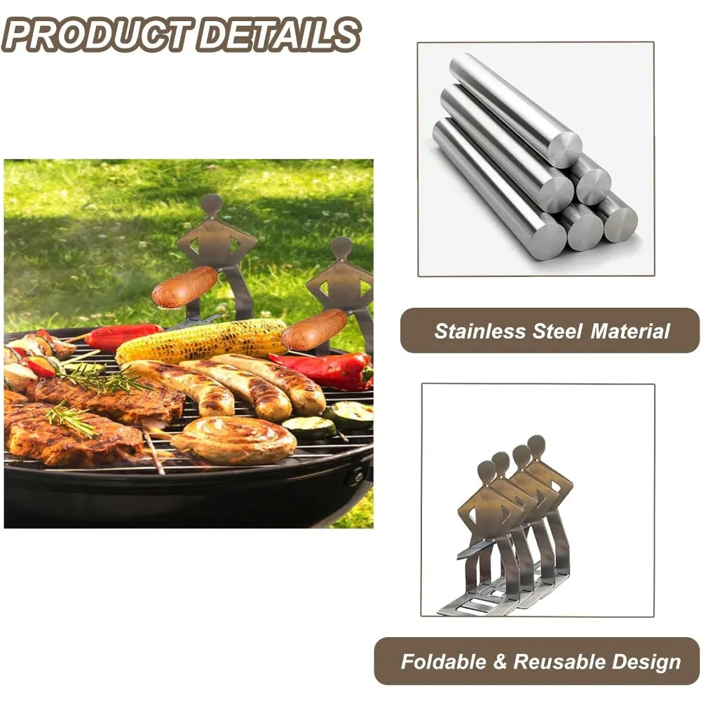 4 PCS Hot Dog Sausage Stand Holder Standing Man Sausage Barbecue Rack Reusable Stainless Steel Hotdog and Sausage Stand