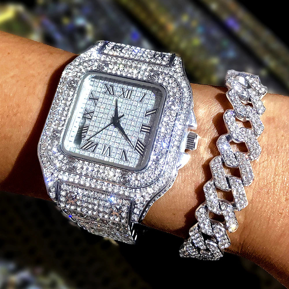 Luxury Moissanite Iced Out Watches Hip Hop Bust Down Unisex Diamond Watch, Stainless Steel Moissanite Studded Wrist Watch