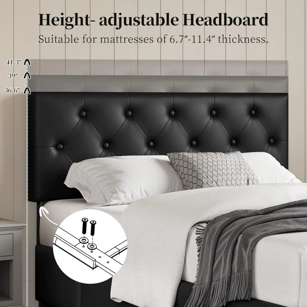 Full Bed Frame Upholstered Bed Frame with Adjustable Diamond Button-Tufted Headboard/3 Drawers Storage, Queen Platform Bed/