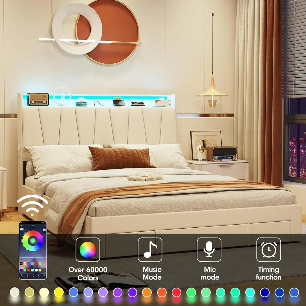 Full Size Bed Frame with Storage Headboard and 3 Drawers,Upholstered Platform Bed with Charging Station