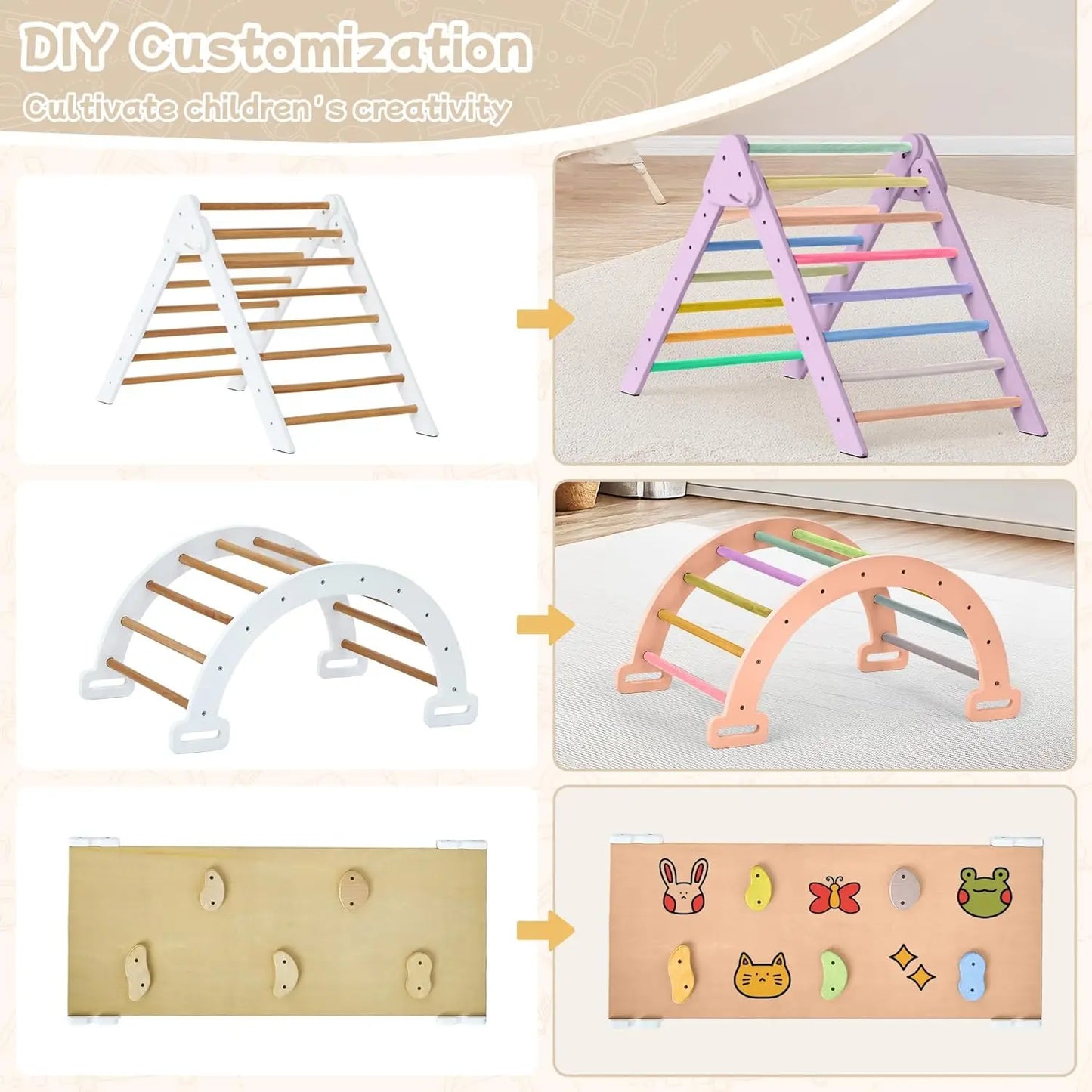 Pikler Triangle Set, Foldable Toddler Climbing Toys, Wooden Montessori Climbing Set for Kids Ages 2-8, Indoor Playground Jungle