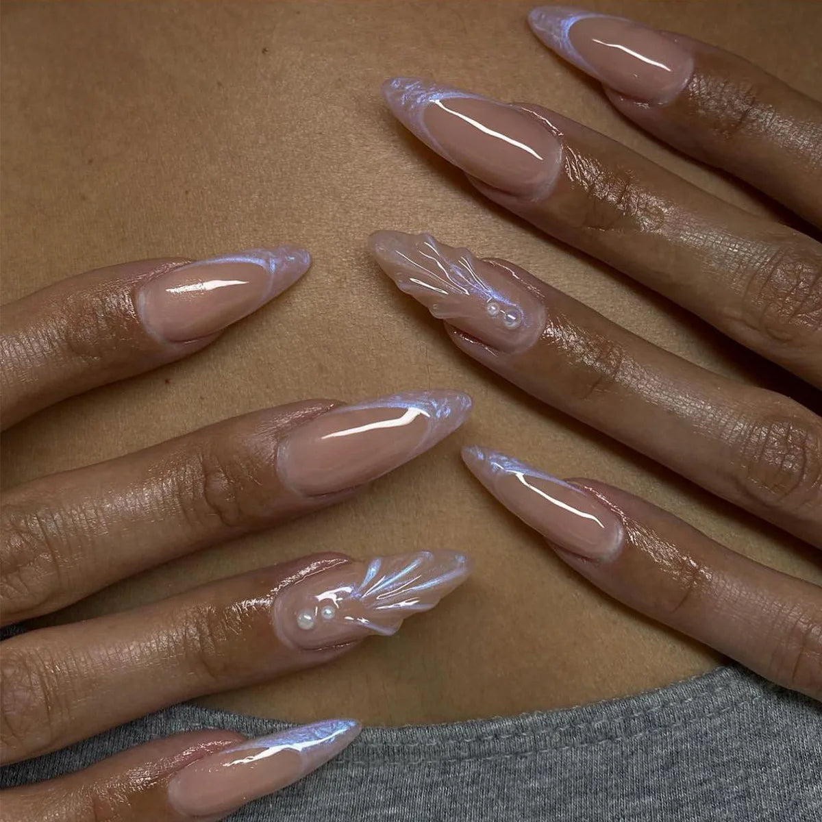 24pcs Aurora Nude Pink Press on Nails Almond Acrylic Sweet Fake Nails with 3d Charms Butterfly Florals Full Cover Flower Nails