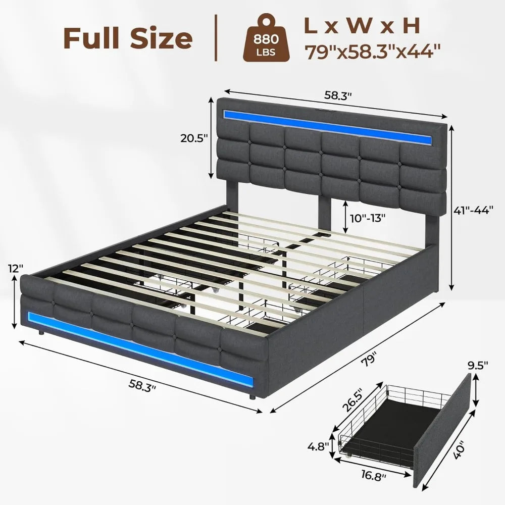 LED Full Size Bed Frame, LED Lights Headboard Footboard, Square Stitched Button Tufted Design, Upholstered Platform Bed Frame