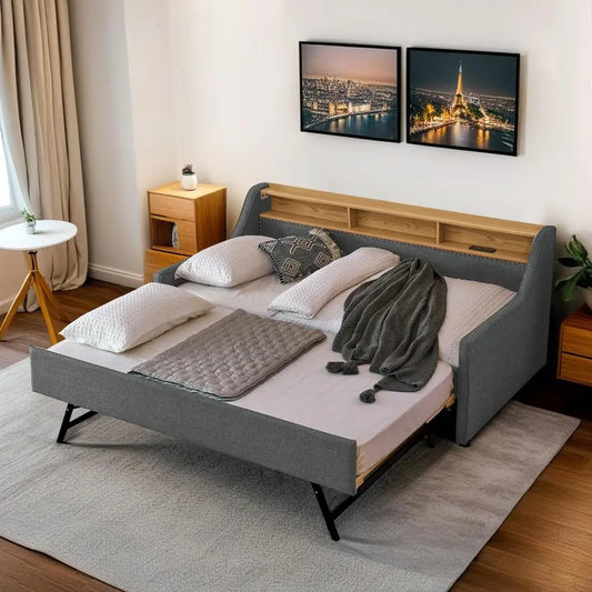 Twin Daybed w/Pop Up Trundle & Wireless Charger, Upholstered Sofa Day Bed Frame w/LED/USB/Type C/Storage Headboard