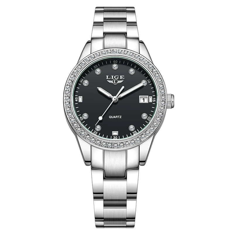 LIGE Original Diamond Dial Quartz Watch for Women Fashion Elegant Ladies Watches Stainless Steel Waterproof Women's Wristwatch