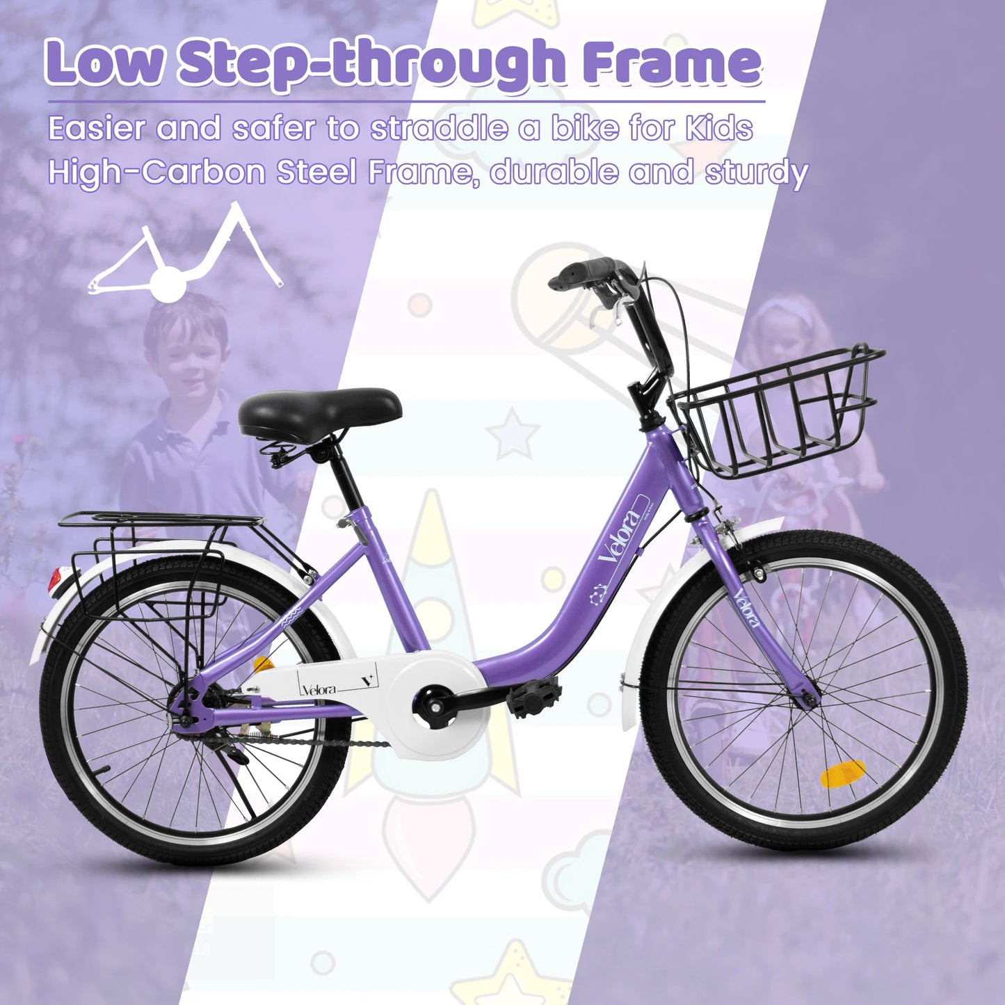 20 Inch Kids Bike for Boys Girls, 1 Speed Kids Bicycle with Basket, Rear Seat, Chain Guard, Coaster Brake, V-Brake, Steel Frame