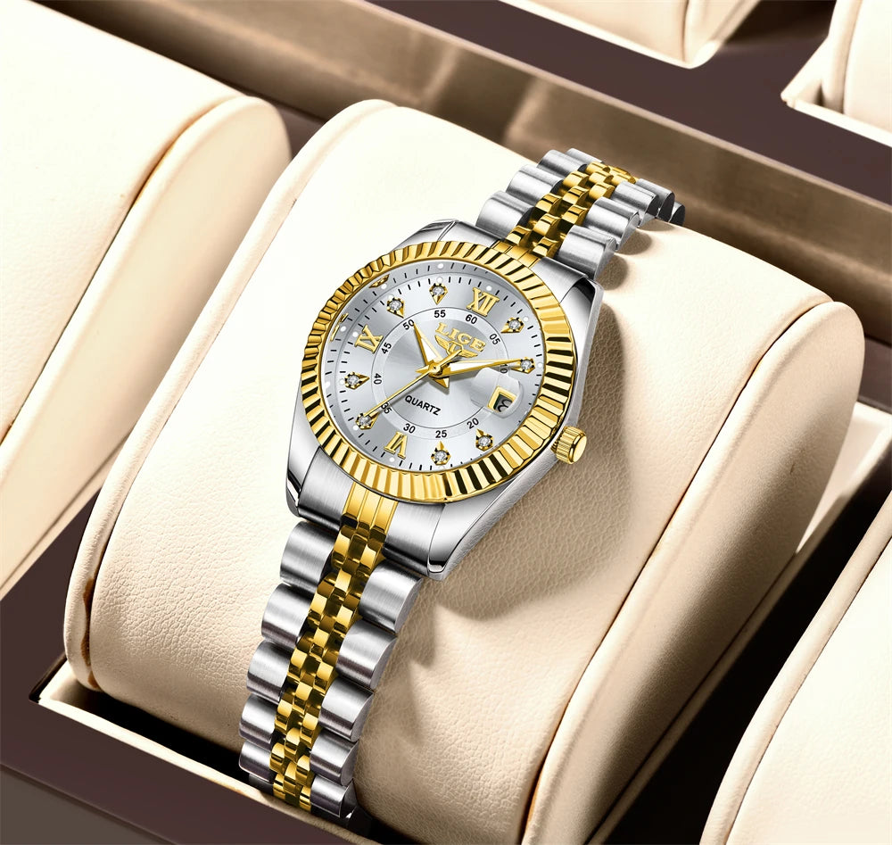 LIGE Fashion Woman Watch Stainless Steel Waterproof Auto Date Elegant Ladies Wristwatch Luxury Original Quartz Watch for Women