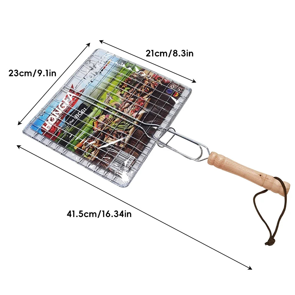 Portable Stainless Steel Grill Rack Outdoor Barbecue Fish Grilling Basket Wooden Handle Bbq Tool Camping Picnic Kitchen