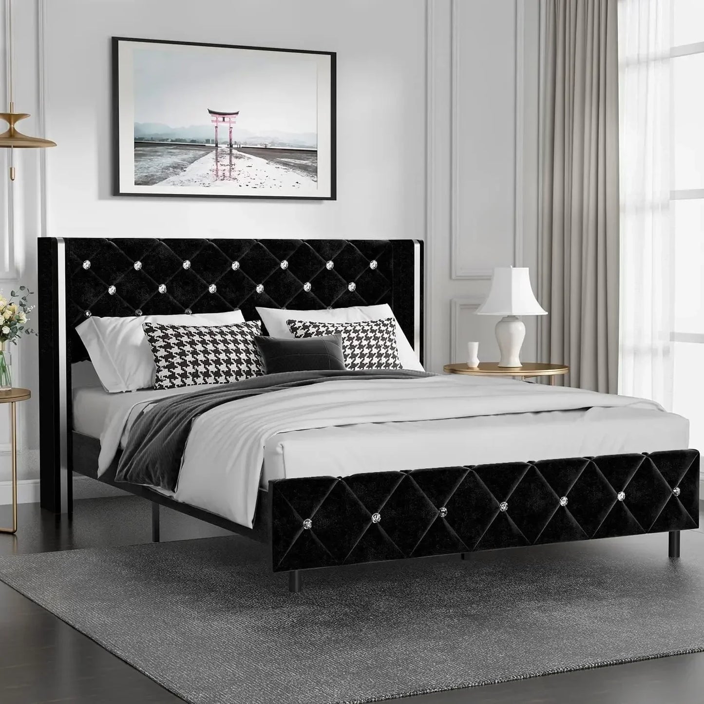 King Size Bed Frame with Wingback, Upholstered Beds Frames with Diamond Tufted Headboard and Footboard, No Box Spring Needed