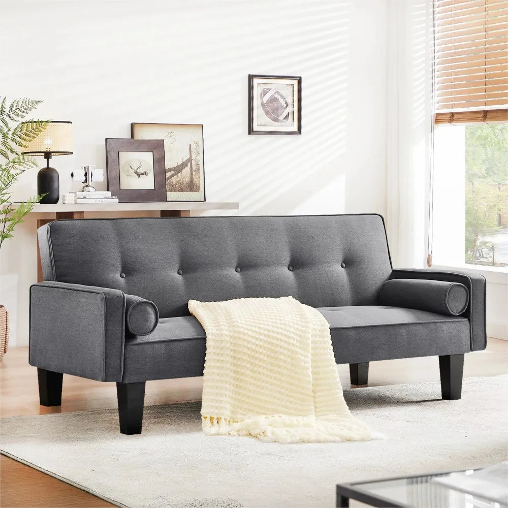 Convertible Futon Sofa Bed,Upholstered Futon Couch Fabric Sleeper Sofa with Pillows for Living Room,Gray