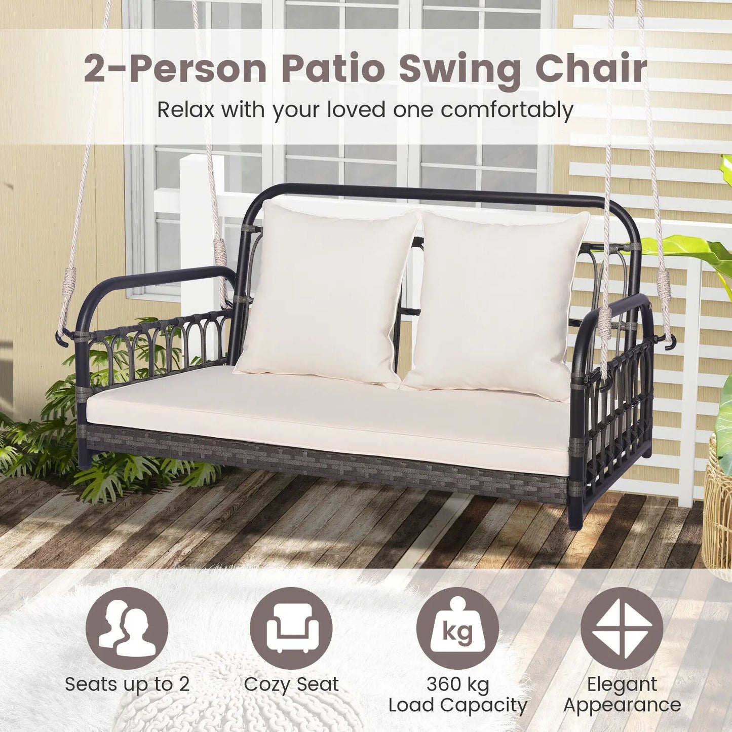 GOFLAME Hanging Swing Bench 2-Person Patio Wicker Swing Chair w/ Cushions-White