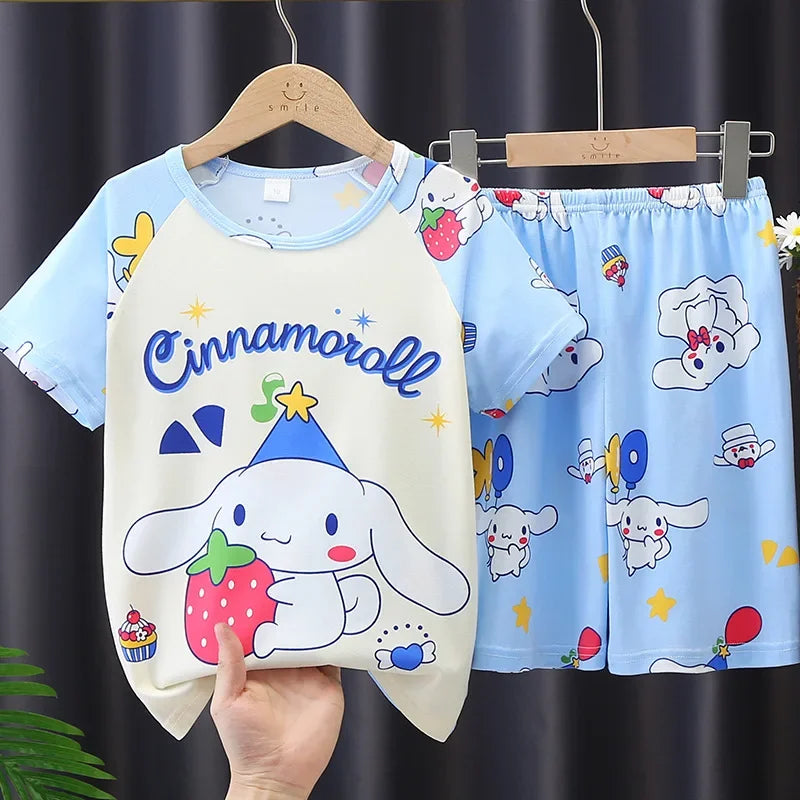 Cartoon Melody Summer Pajamas for Girls and Boys Short Sleeved Comfortable Sleepwear and Home Clothing Set for Kids Teenagers