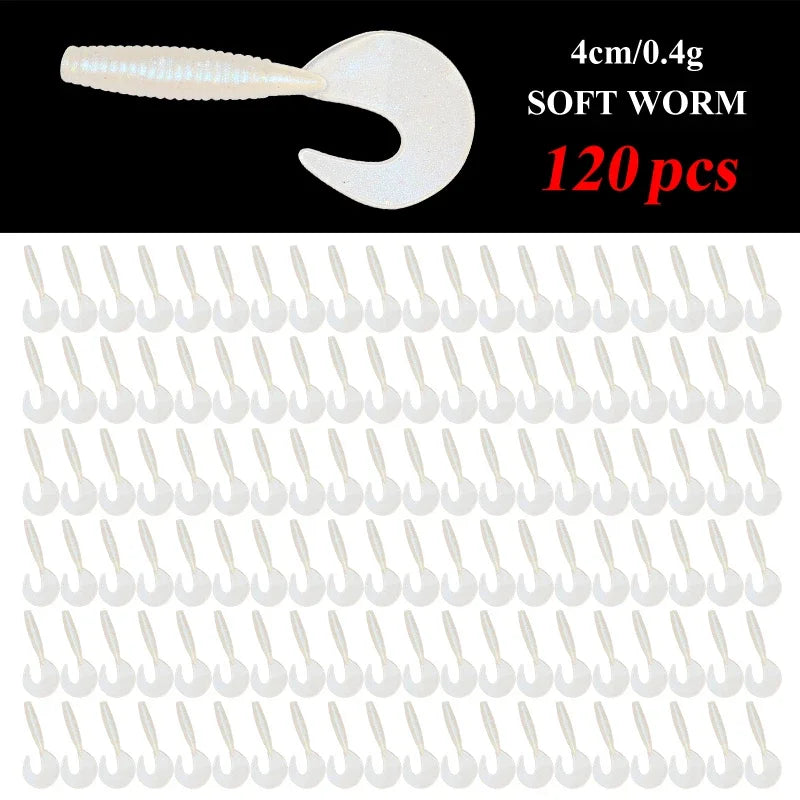 120Pcs New Soft Bait 4cm0.4g Fishing Lures Plastic Silicone Worm Moggot Grub Lure Saltwater Wobblers Carp Swimbait for Pike Tool