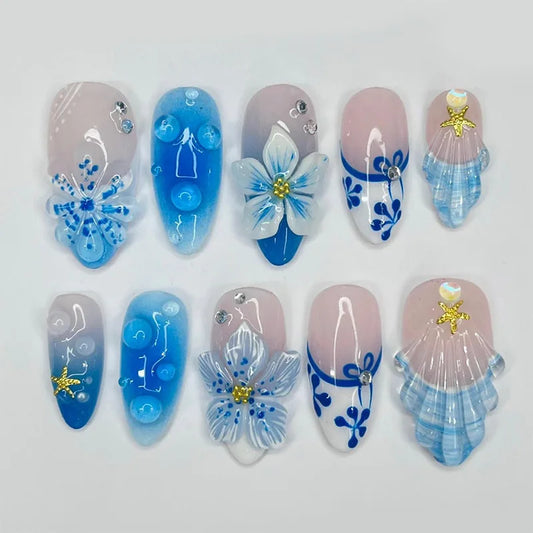 24PCS Blue Gradient French False Nails 3D Flowers Shell with Seastar Diamonds Fake Nails for Women Wearable Almond Nail Manicure