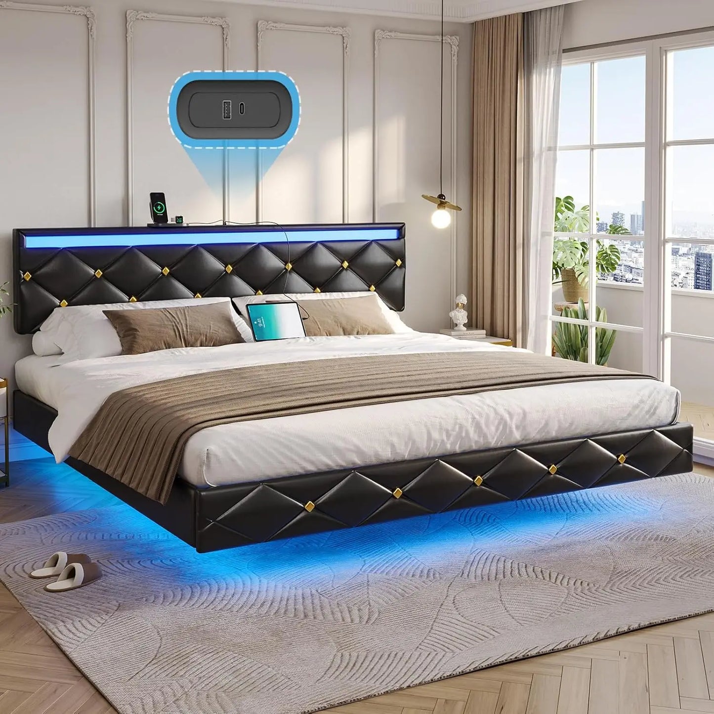 Floating Bed Frame King Size with LED Lights and Charging Station, Modern King Platform Bed with Vegan Leather Upholstered