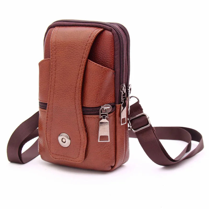 Men's Messenger Bag Cowhide Leather Bag Mobile Phone Pouch Pocket Wallet Male Small Travel Waist Bag Multi-Pockets Chest Bag