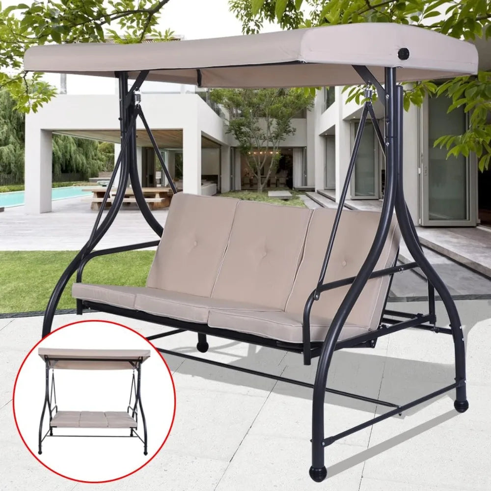 Garden Swing Chair, with Adjustable Canopy and Cushions, Outdoor Patio Hammock Convertible Bench, Patio Swing Bench