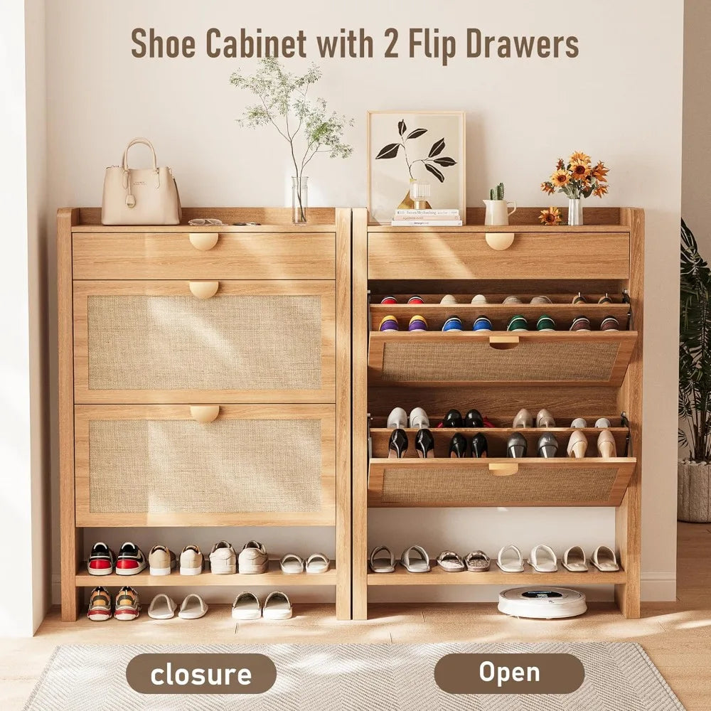 Rattan Storage Cabinet, Shoe Organizer with 2 Flip Drawers, Narrow Shoe Cabinet, Free Standing Hidden Shoe Storage