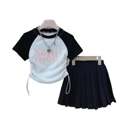 Short Sleeves Top Pleated Skirt 2-Piece Suits Children Girls Letter Print Clothes Kids Casual Sets Teens Summer T-Shirt Outfits