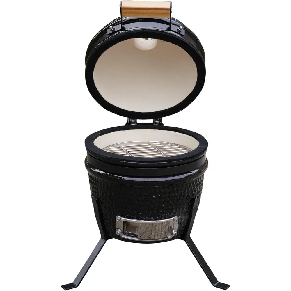 3" Ceramic Mini BBQ Grill Smoker Egg Charcoal Cooking Oven, Portable Oven and Smoker with Stand (Black)