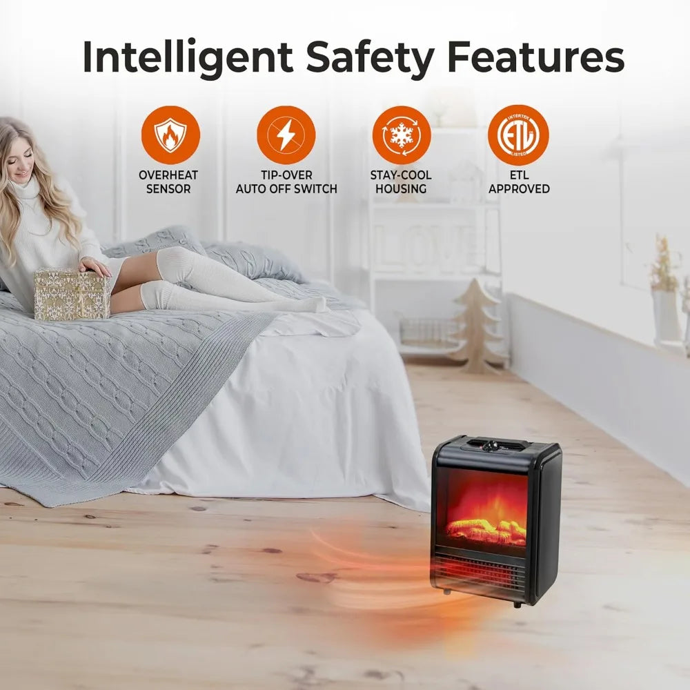 Electric Mini Fireplace Space Heater with Realistic 3D Flame, Stay-Cool Body, Carry Handle, Overheat Sensor, and Tip-Over Switch