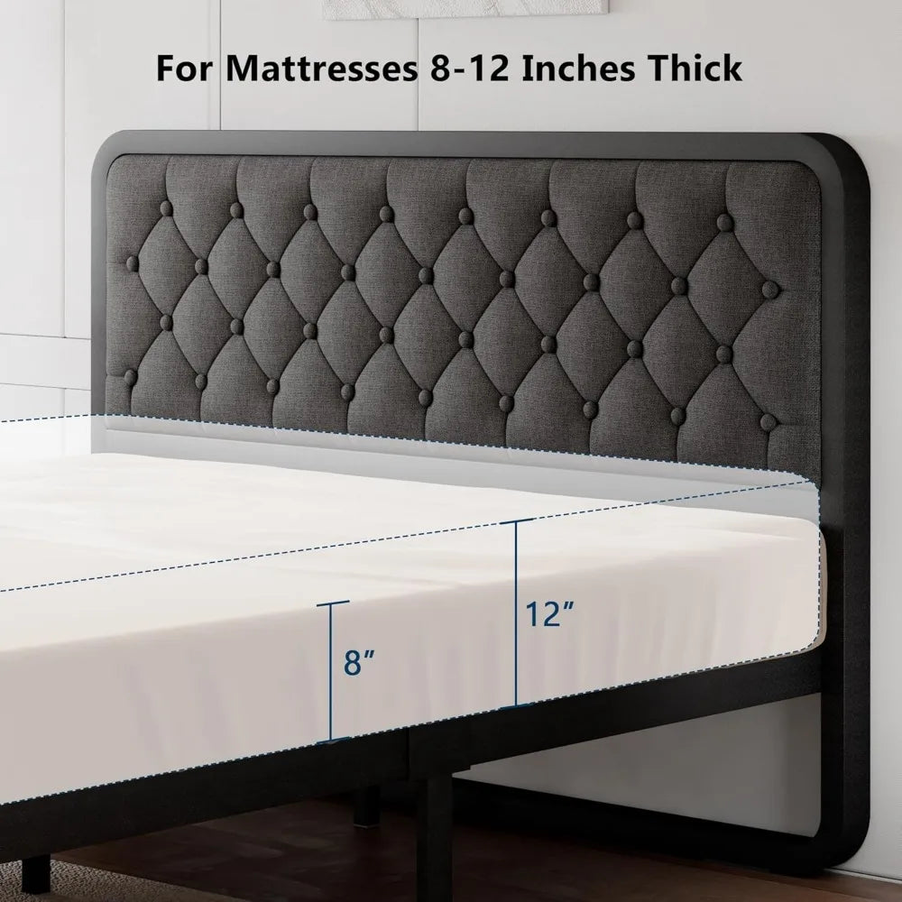 Bed Frame, Curved Metal Platform Bed Frame with Linen Upholstered Headboard, 12 Inch Under-Bed Space, No Box Spring Needed