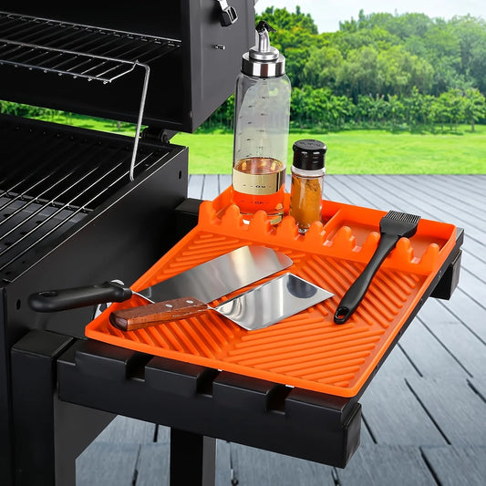 Silicone Mat for Outdoor Barbecue Kitchen Countertop, Large Silicone Shovel Mat with Drip Pad, Barbecue Tool Storage Rack