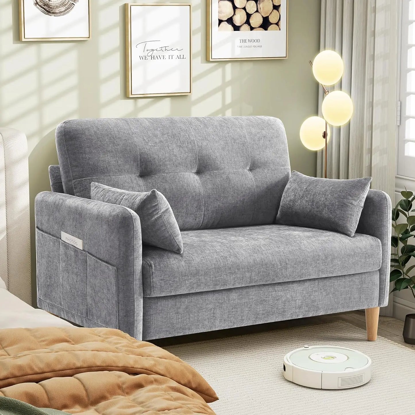 Hanherry Loveseat Sofa, 47” Small Couch for Living Room, Comfy Chenille Fabric Love Seat for Bedroom with Throw Pillow