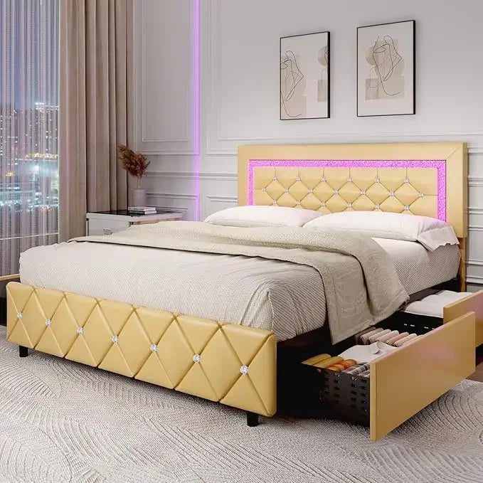 Full Size Bed Frame with LED, Storage Drawers, Princess Platform Bed with Diamond Headboard and Footboard, Upholstered Bed Frame