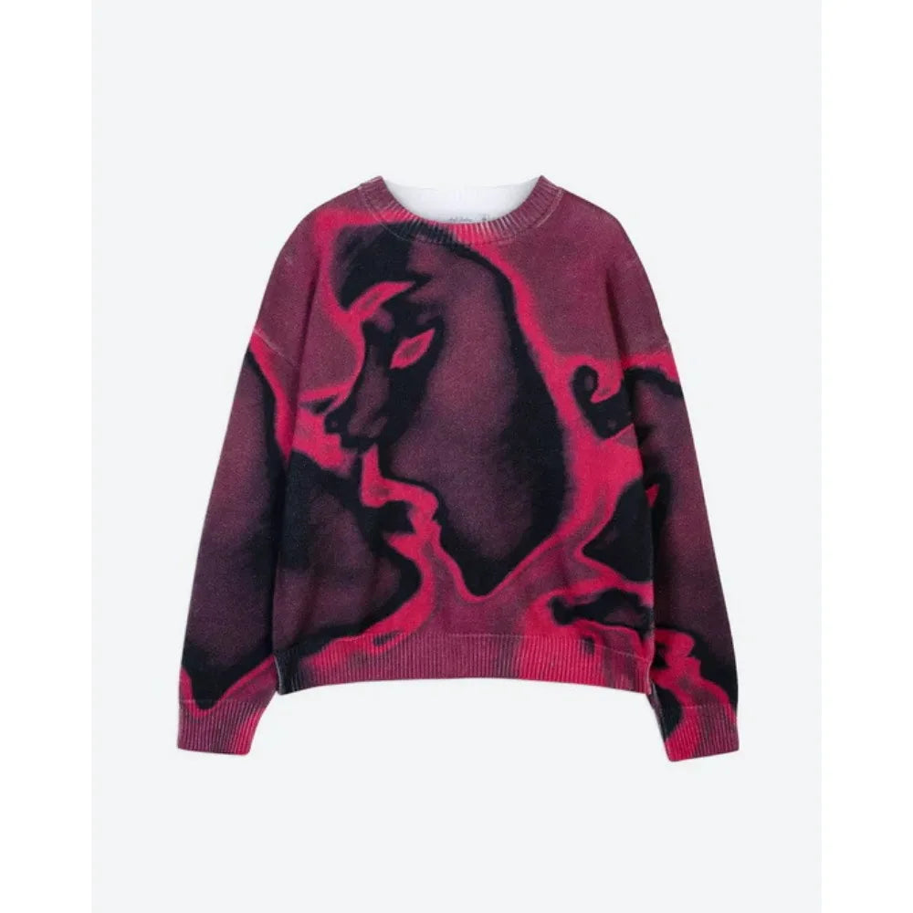 New Popular Spring Autumn Graffiti Jacquard Pattern Pullover Sweater Casual Round Neck Contrast Color Knitted Men's Pullover